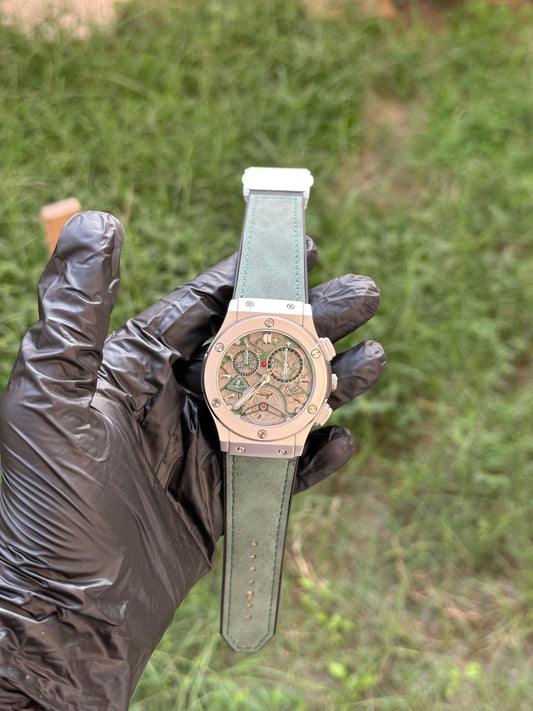 Forest Green Skeleton HB Series - Industrial Fusion Design - Hybrid Leather Strap