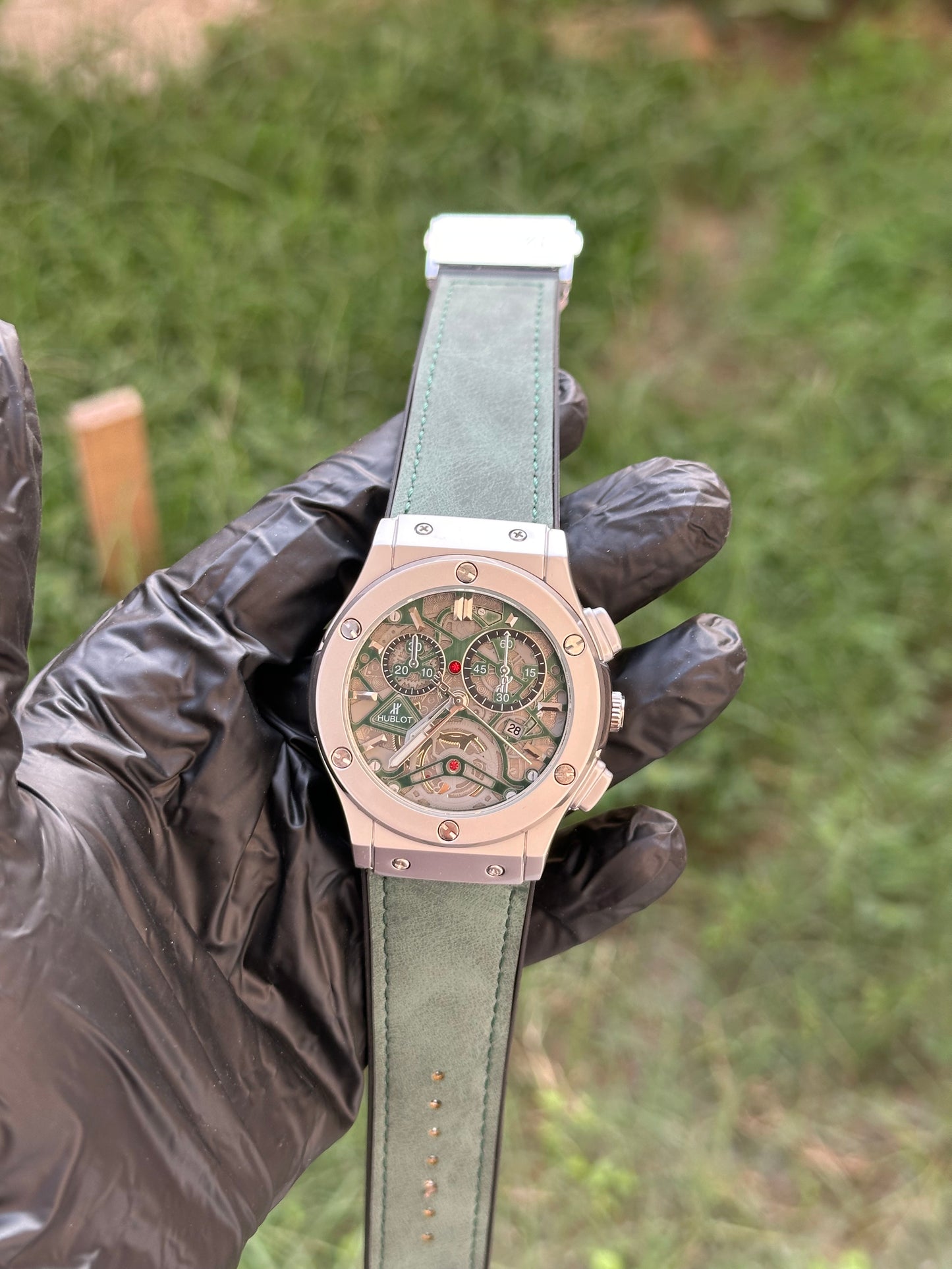 Forest Green Skeleton HB Series - Industrial Fusion Design - Hybrid Leather Strap